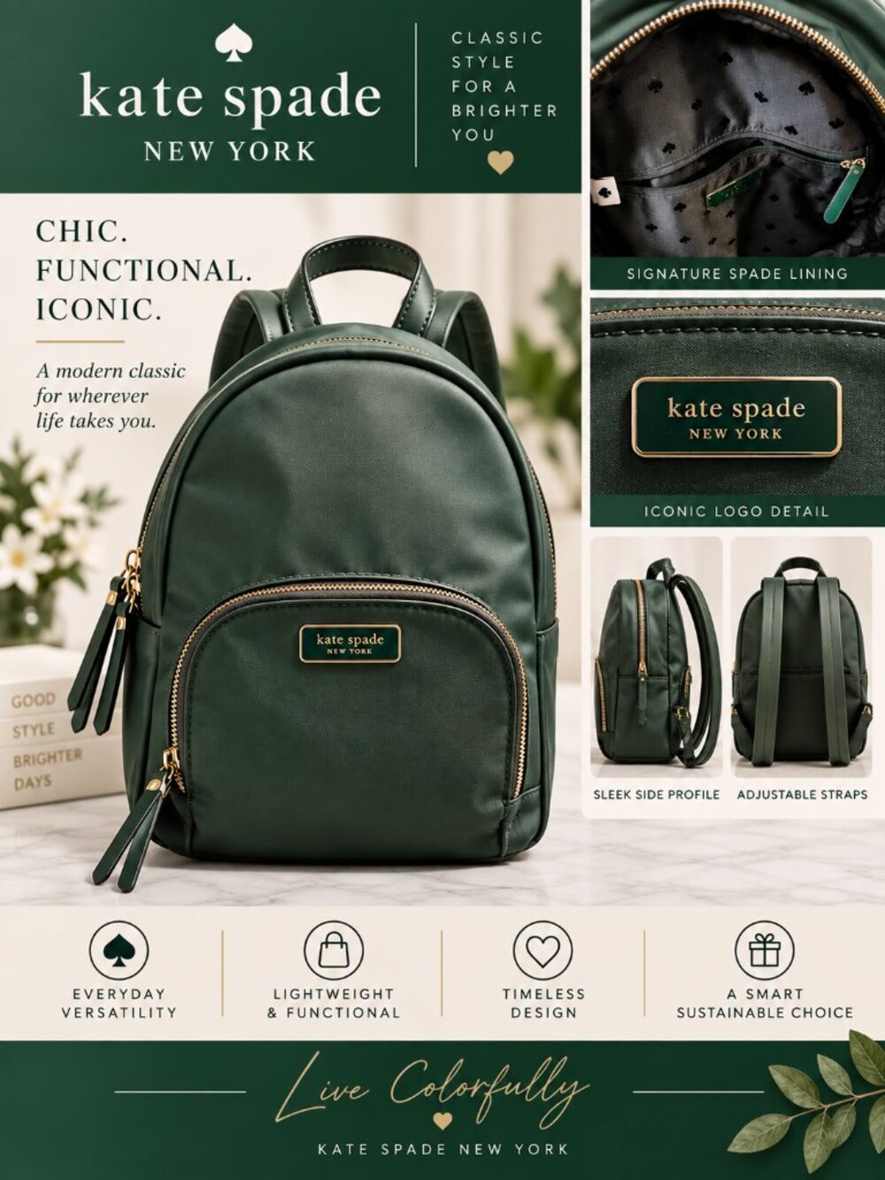 Kate Spade Olive Green Nylon Mini Backpack Gold Tone Hardware